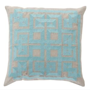 Set Of Two Greek Key Print Pillows 21x21" Aqua Linen Zip Closure Made in India